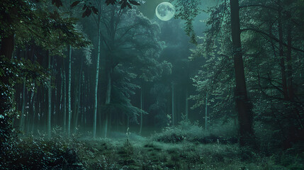 A forest at night with a full moon in the sky
