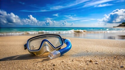 Snorkel and mask laying on sandy beach with blurred background, snorkeling, mask, beach, sand, tropical, vacation