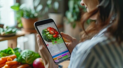 Woman in the kitchen using her phone to look at a recipe for a salad.
