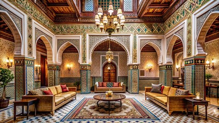 Obraz premium Luxurious interior design in a Moroccan hotel with ornate details, intricate tile work, and elegant furnishings, luxury