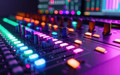 Fototapeta premium Close-up of a vibrant professional audio mixing console with colorful LED lights and controls in a modern recording studio.