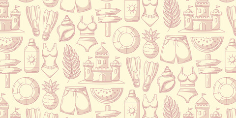Minimalist monochrome summer seamless pattern with beach elements. Swimsuit, sand castle, pineapple and watermelon, sunscreen, seashell, flippers, lifebuoy. For cover, wrapping paper, textile print