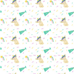 Childrens holiday pattern with confetti and cute animal. Childish birthday invitation and celebration seamless background. Cute character with unicorn horns printable design for wrapping paper, postca