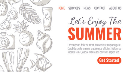 Summer beach elements and accessories, monochrome minimalist style. Sunglasses, pineapple, camera, flippers, seashell and sunscreen, fish. Landing page vector template for website, web, online, banner