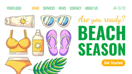 Summer elements and accessories for beach holidays. Swimsuit, sunscreen, sunglasses, flip flops and tropical leaf. Creative landing page vector template for website, web, online store, banner.