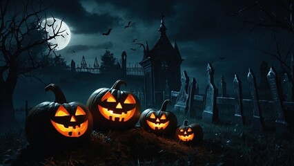 A bunch of carved halloween pumpkins with glowing eyes and smiles standing on a graveyard at october night. Dark autumn fall season Samhain Jack-o-Lantern spooky illustration.