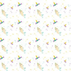 Childrens holiday pattern with confetti and cute animal. Childish birthday invitation and celebration seamless background. Cute character with unicorn horns printable design for wrapping paper, postca