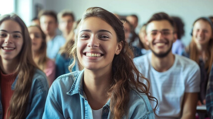 Fototapeta premium Group of happy students sitting in classroom, daylight
