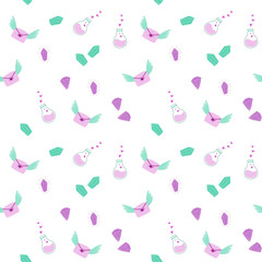 Childrens holiday pattern with confetti and cute animal. Childish birthday invitation and celebration seamless background. Cute character with unicorn horns printable design for wrapping paper, postca