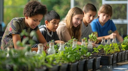 Classroom with students engaged in environmental science projects, representing education on sustainability
