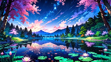 Night over a mountain lake with full moon in the sky and anime style cherry trees