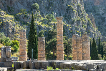 Remains of an ancient classical temple with columns in Greece