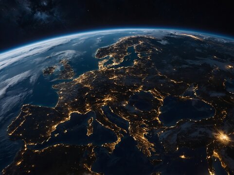 Europe at night viewed from space with city lights of planet Earth.