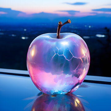 Transparent shiny apple shows sweet pastel opal effect sparkling blue pink hue