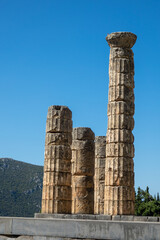 Remains of an ancient classical temple with columns in Greece