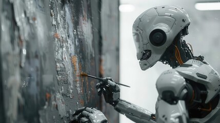Fototapeta premium Futuristic robot artist painting a digital canvas, symbolizing creativity in AI