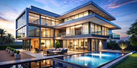 Fototapeta premium Luxurious high-rise villa with modern glass design, luxury, high-rise, villa, modern, glass, fancy, unique