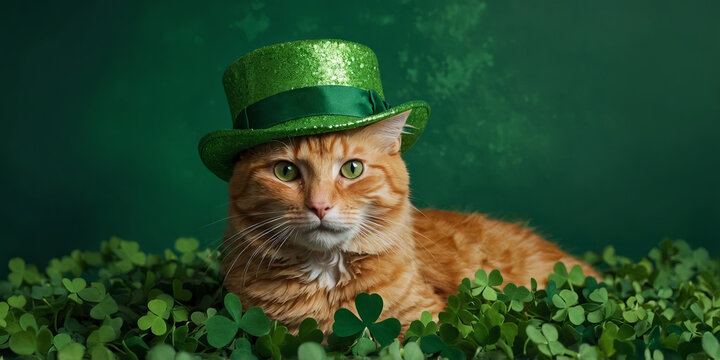 Ginger cat wearing green hat with shamrocks on green background St Patrick's Day celebration Funny cute pet concept Ireland, and Irish holidays Banner, poster with copy space.