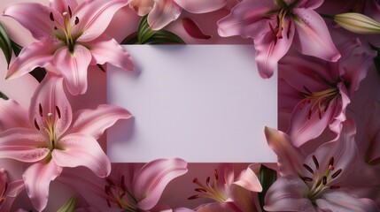 Obraz premium Blank paper sheet card and lily flower on pink background. Flat lay, top view mockup with empty copy space
