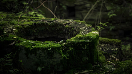 A mossy stone sits in a garden