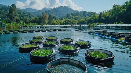 Fototapeta premium Sustainable seafood farm with aquaponics, showcasing innovative food production