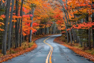 Tunnel of trees in autumn time along scenic byway M41 in Keweenaw peninsula in Michigan upper peninsula