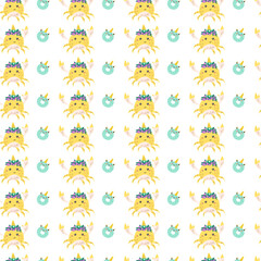 Childrens holiday pattern with confetti and cute animal. Childish birthday invitation and celebration seamless background. Cute character with unicorn horns printable design for wrapping paper, postca