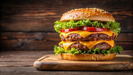 Juicy double cheeseburger on a wooden board close-up, traditional American food, burger, cheese, beef, delicious, fast food, meal