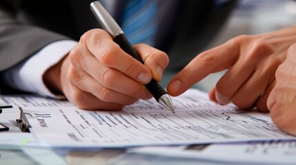 Fototapeta premium Close-up image of a business discussion, highlighting hands, a pen, and some documents likely related to business or financial matters.