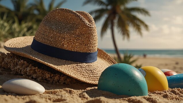 Beautifully arranged summer beach items with a hat on a sandy background, perfect for vacation themes and beach joy.
