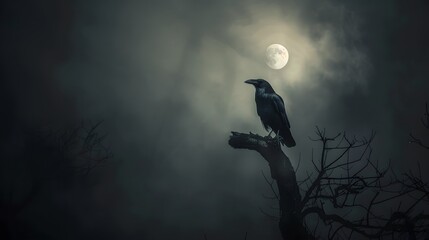 black raven on night scene with full moon 