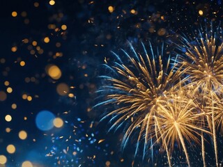 Fototapeta premium Gold and blue Fireworks and bokeh in New Year eve and copy space Abstract background holiday.