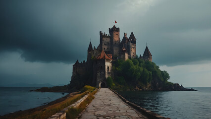 Old dilapidated castle on an island around the sea in the foreground the road to the castle gloomy setting cloudy sky