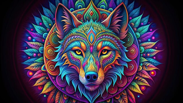 Psychedelic wolf head with symmetrical mandala shapes , wolf, psychedelic, head, symmetrical, mandala, shapes, animal