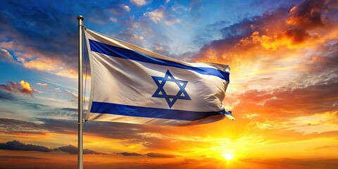 National flag of Israel waving against a vibrant sunset sky, Israel, flag, national, background, sunset