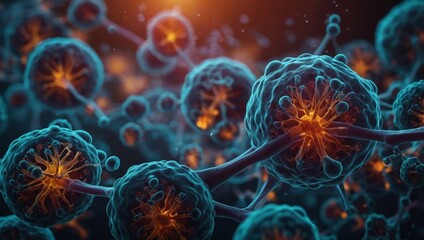 Microscopic view of cells and molecules with a vibrant, glowing background, showcasing the beauty of biological and scientific imagery.