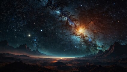 The view from space to a galaxy filled with stars and nebula offers a breathtaking panorama of the universes beauty, Sharpen banner template with copy space on center.