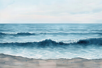 Fototapeta premium Watercolor painting of a serene ocean scene with gentle waves and a white background
