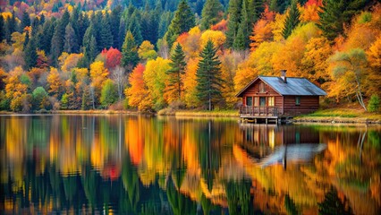 Serene lakeside cabin surrounded by autumn trees , fall, golden hues, cabin, lakeside, serene, tranquil, foliage, autumn