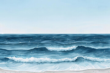 Obraz premium Watercolor painting of a serene ocean scene with gentle waves and a white background