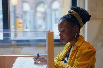 Woman voting inside a public building, wearing a yellow jacket and blue headband. Administrative tasks, public services, documentation, form filling, urban setting, professional attire.
