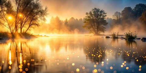 Serene misty river scene with glowing particles in defocused background, misty, river, serene, peaceful, tranquil, mist, fog