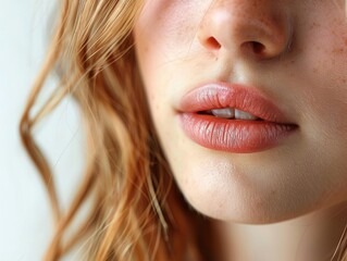 Close-up of young girl biting lip, clear healthy skin, white background, beauty care, spa, fresh look,