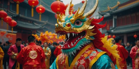 Fototapeta premium Chinese New Year dragon costume celebration festival.