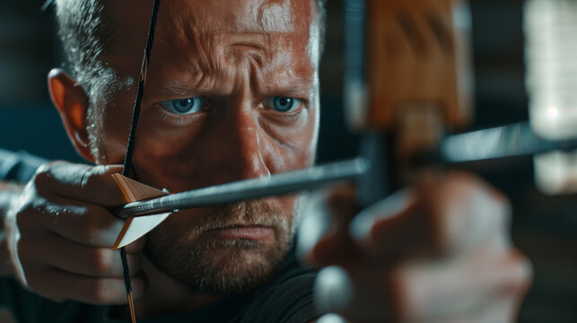 Close-up to a professional archer sportsman is training before competitions
