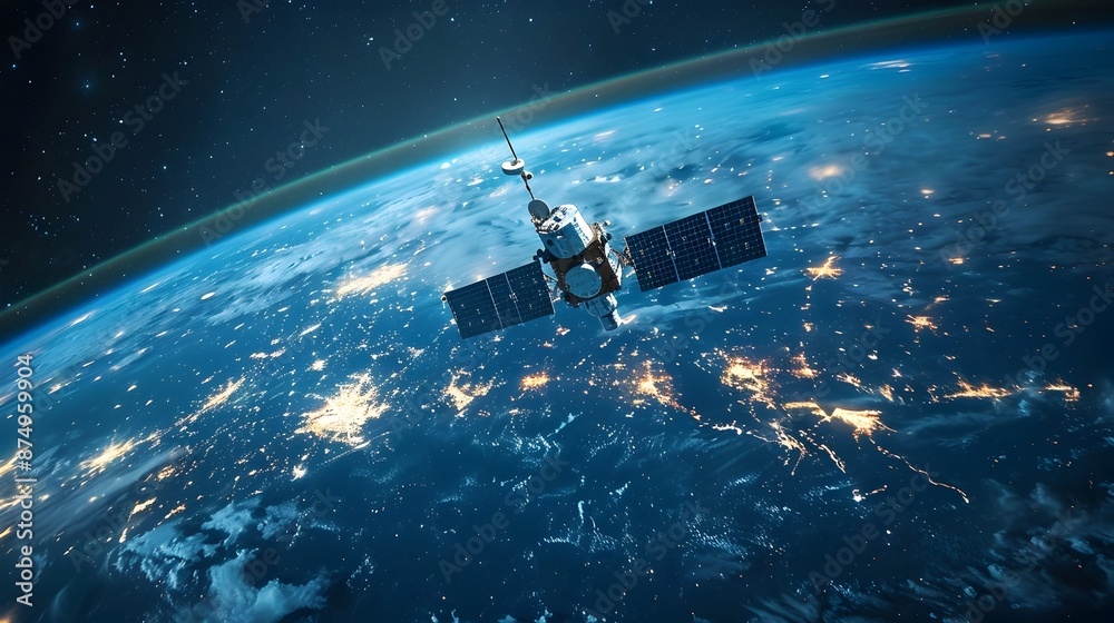 Poster satellite communication network visualized in space connecting remote regions with advanced technolo