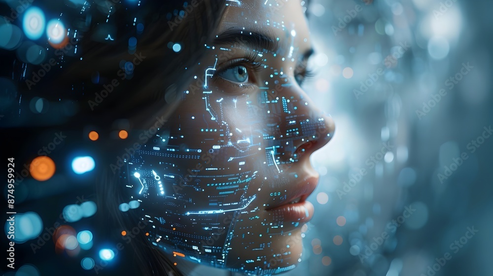 Poster ai driven holographic customer service chatbot interacting with users through futuristic digital int