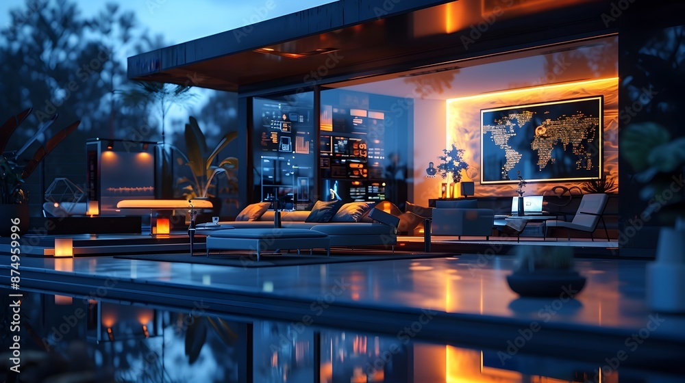 Poster futuristic smart home with interconnected communication devices showcasing seamless interaction and 