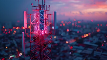 Futuristic 5G Network Tower Enhancing Urban Communication Infrastructure with Digital Connectivity Streams