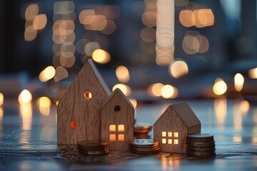 Stacked coins beside a small wooden house